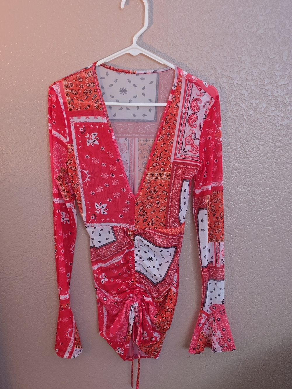 SHEIN Red Patchwork Bandana-Print Wrap Bodysuit